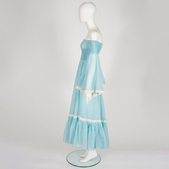 1970s Vintage Baby Blue Voile Shirred Angel Sleeve Off-the-Shoulder Dress Sz XS - Picture 4 of 7